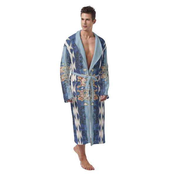 Sensus Studio Design Blue and White Fantasy Patterned Men's Heavy Fleece ( Bath) Robe
