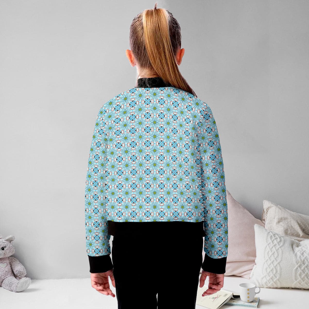 Happy Blue flowered pattern Kid's Bomber Jacket, by Sensus Studio Design