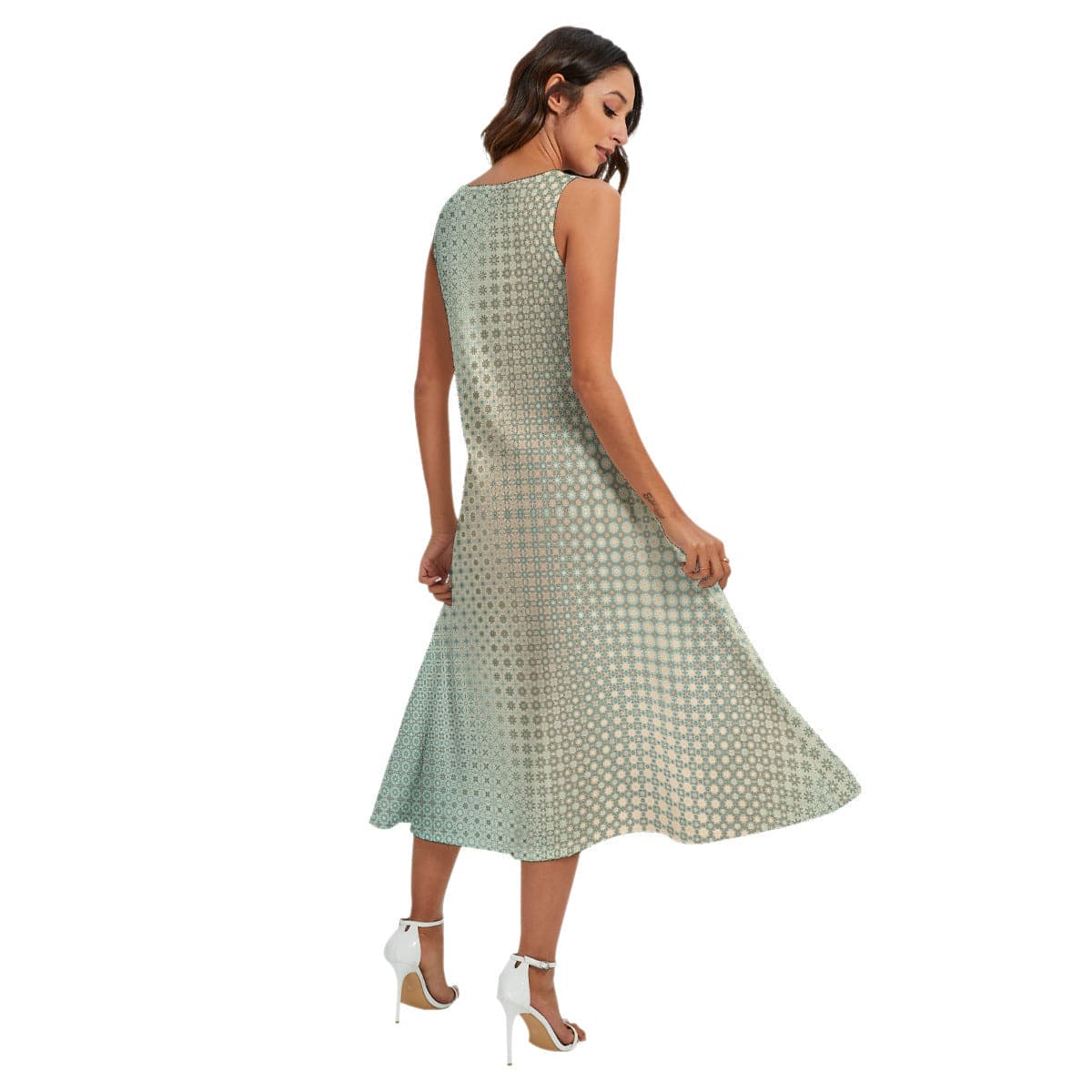 Sand and sea green patterned Women's  Easy going Sleeveless Dress With Diagonal Pocket, by Sensus sT