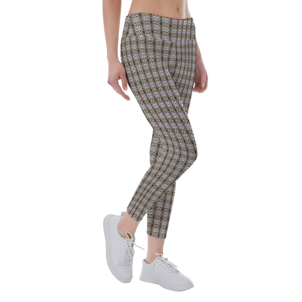 Beige and Green striped pattern  Women's Yoga Pants/Leggings, by Sensus Studio Design