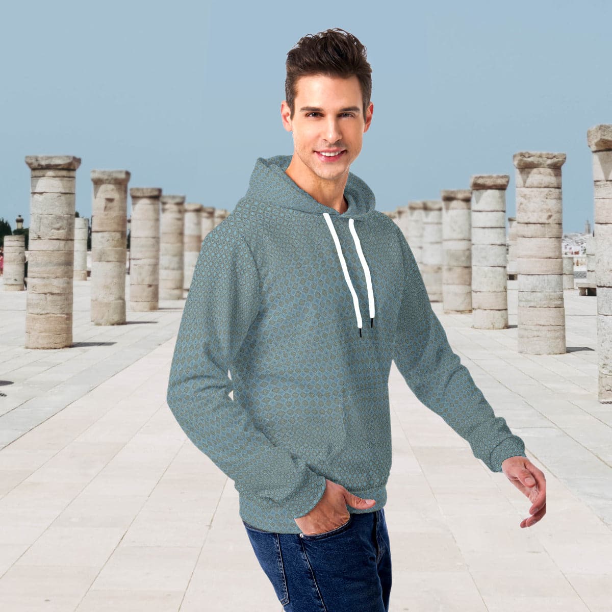 Olive green fine patterned Men's Hoodie With Double-sides Print Hood, by Sensus Studio Design