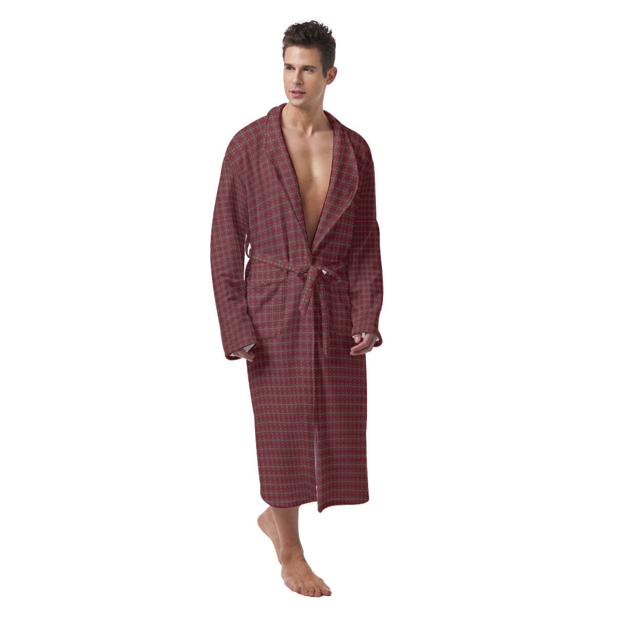 Wine red patterned Men's Heavy Fleece Robe, by Sensus Studio Design