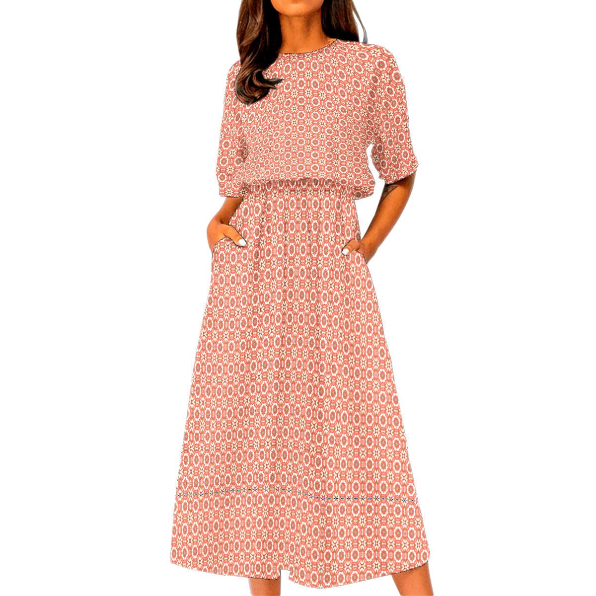 Trendy Pink patterned Women's Elastic Waist Dress, by Sensus Studio Design