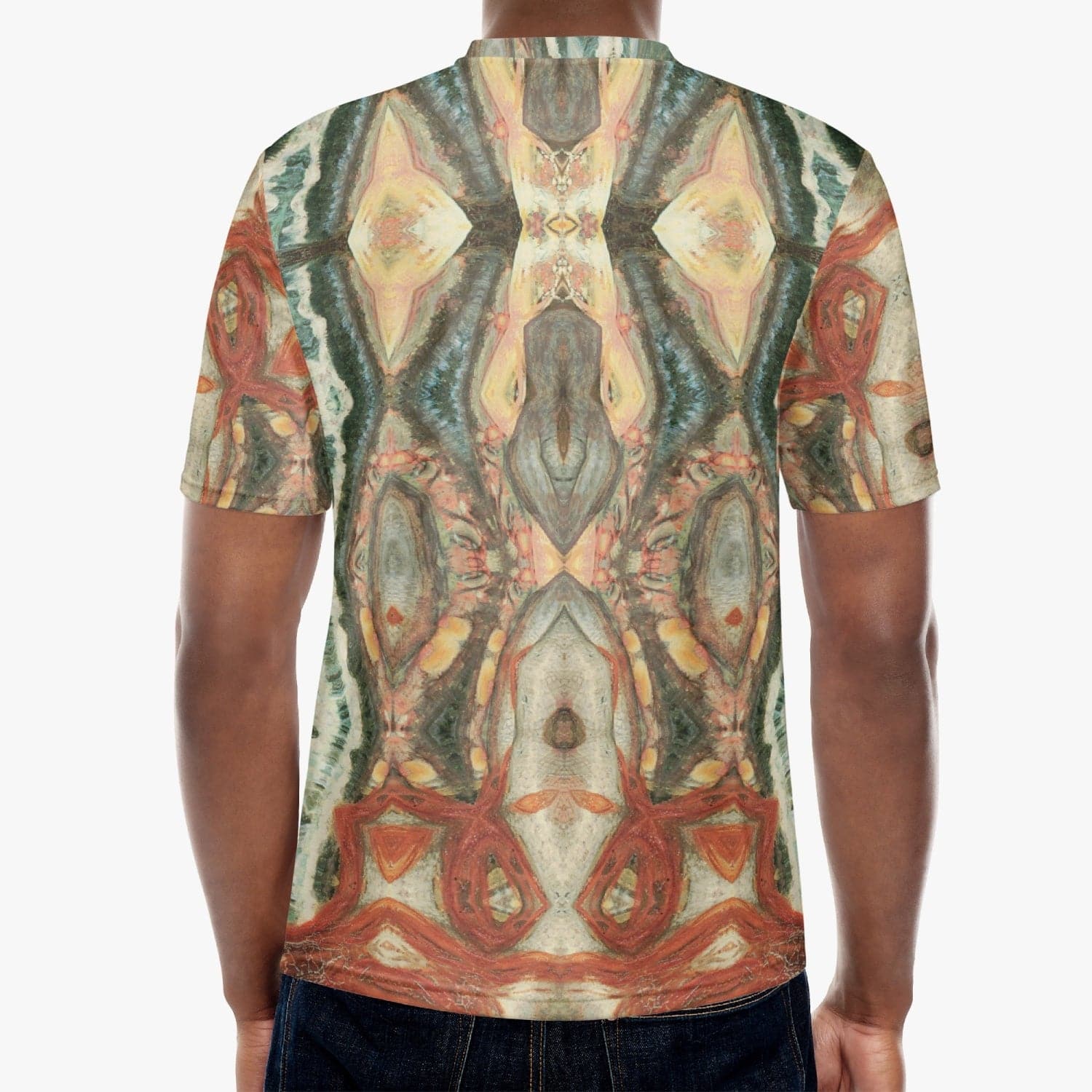 Handmade Alpha and Omega Multi Colored Pattern T-shirt for Men by Sensus Studio Design