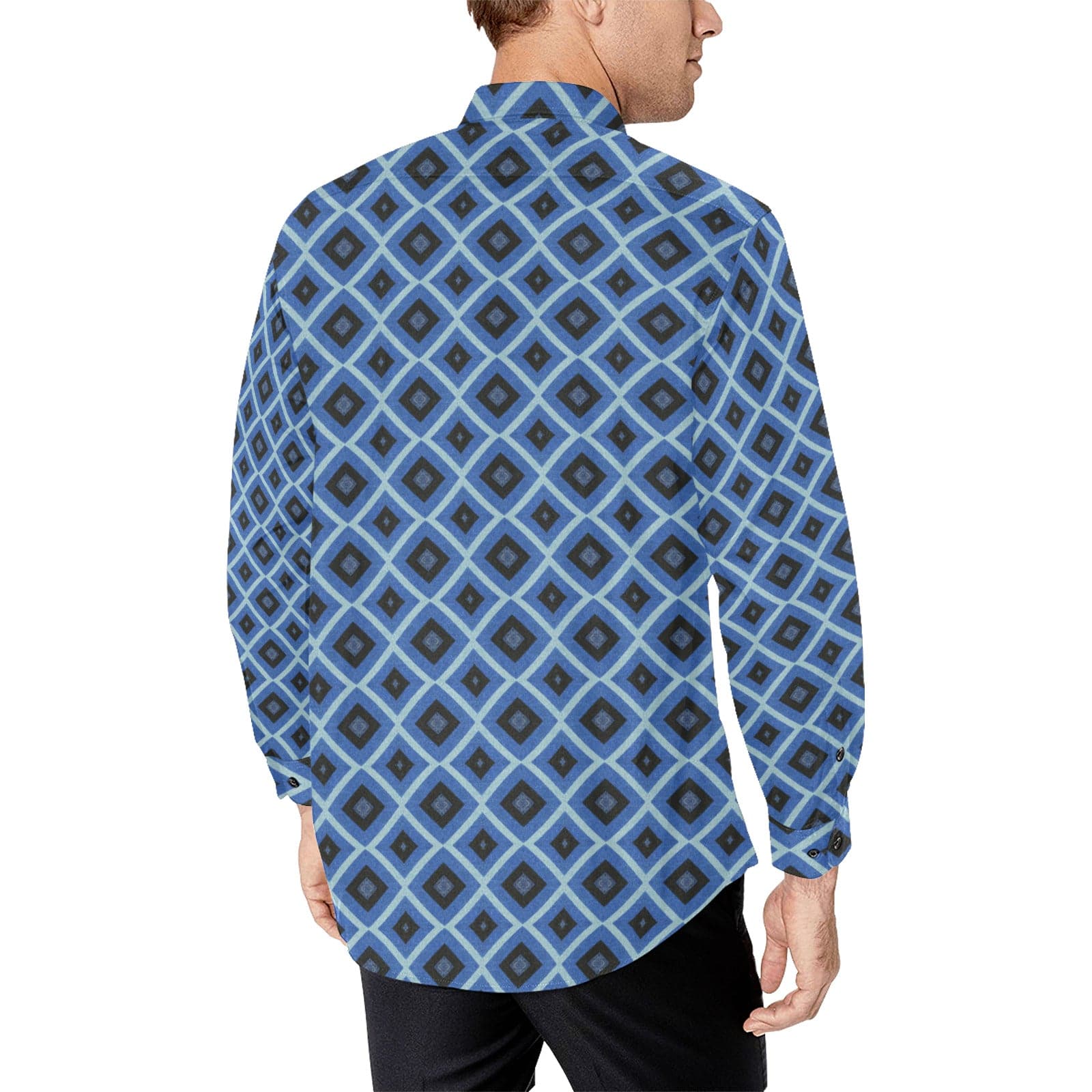 Gennosuke Inspired Black and Blue Patterned Men's Long Sleeve Shirt