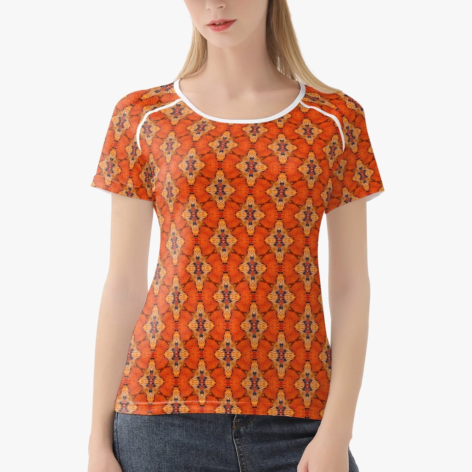 Orange snake skin trendy quick-dry  Handmade Women sports/yoga T-shirt, designed by Sensus Studio Design