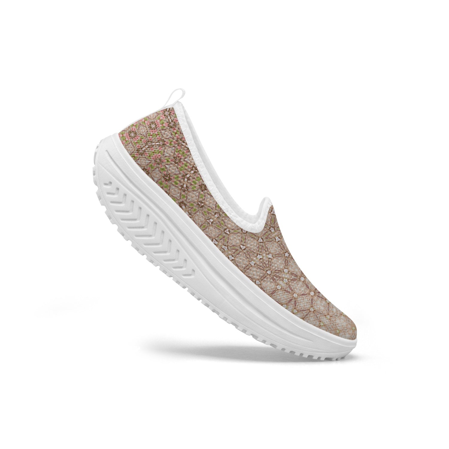 Delicate Pale Pink & Beige Rosy patterned Women's Slip-On Mesh Rocking Shoes, by Sensus Studio Design