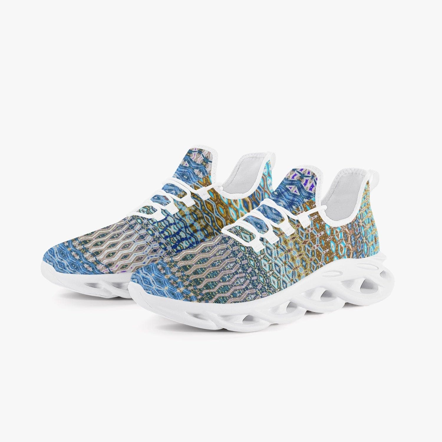 Multiple color patterned blue and mauve,  Bounce Mesh Knit Sneakers - White, by Sensus Studio Design