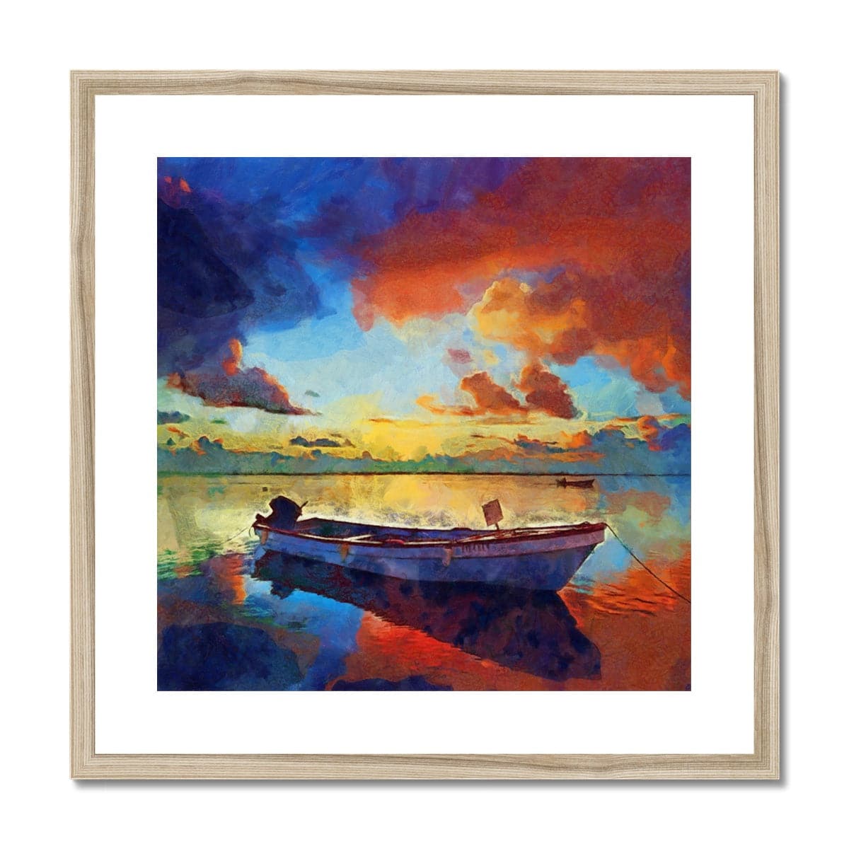Boat at Orange Dawn in Lake Framed & Mounted Print