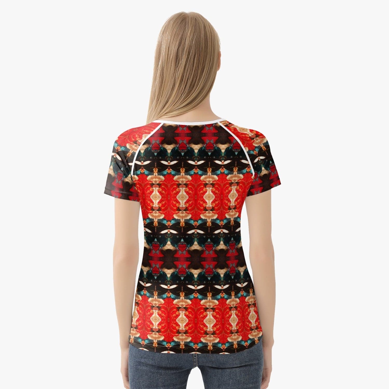 Red Orange and Black Hymalaian Patterned, Handmade Hot Women T-shirt Sports/ Yoga Top, by Sensus Studio Design