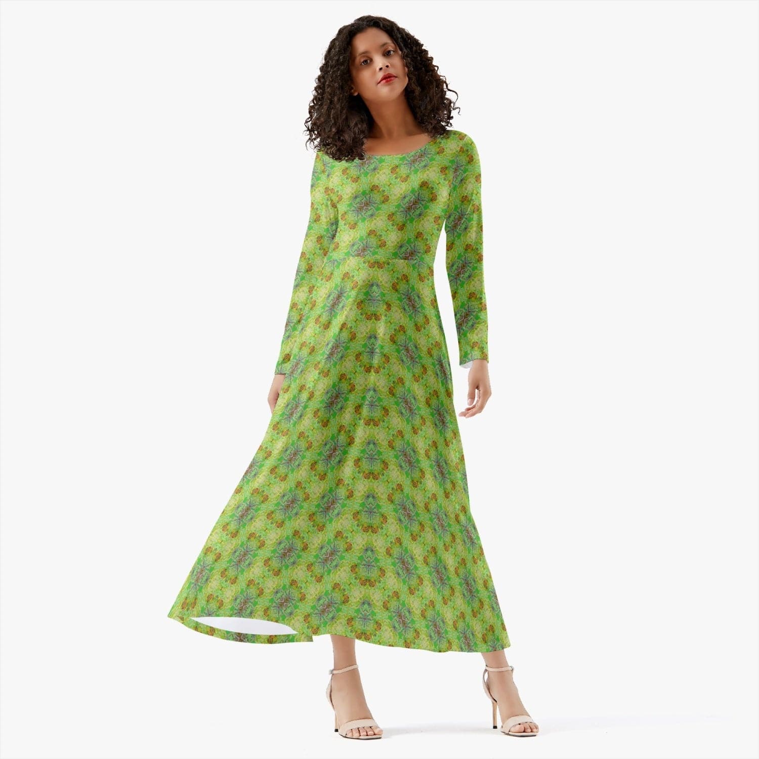 Spring Green pattern trendy 2022 Women's Long-Sleeve One-piece Dress, by Sensus Studio Design