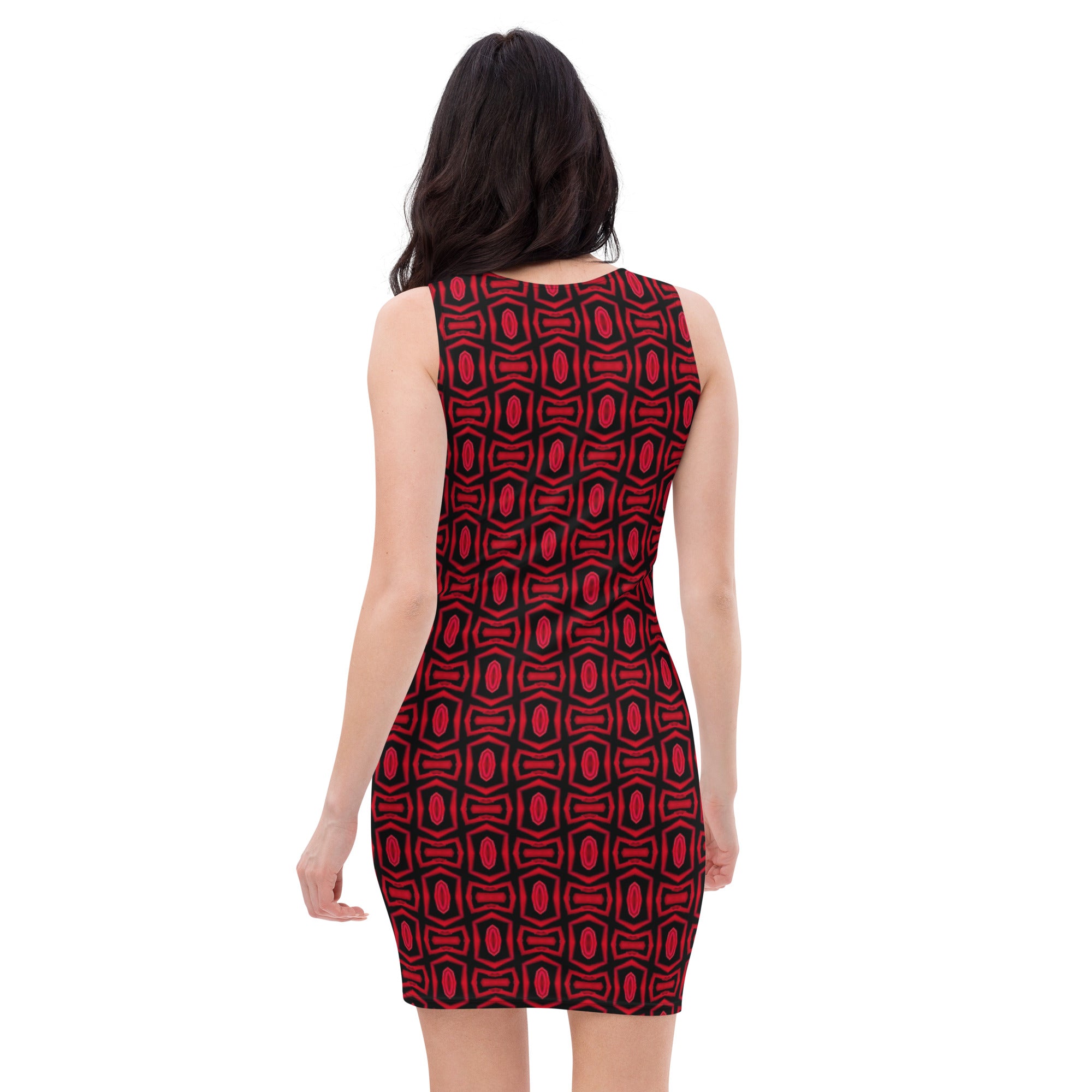 Red and Black Vintage Figure Hugging Sublimation Cut & Sew Dress, by Sensus Studio Design