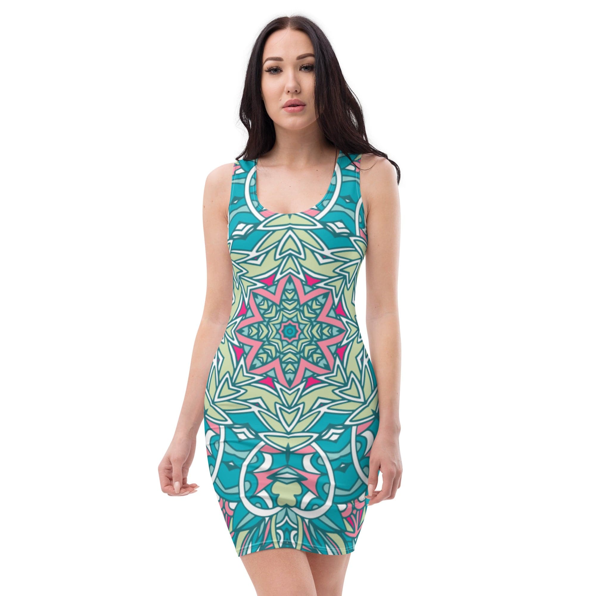 Fabulous Blueish Green Fantasy Printed Short  Microfiber Fitted Summer Dress