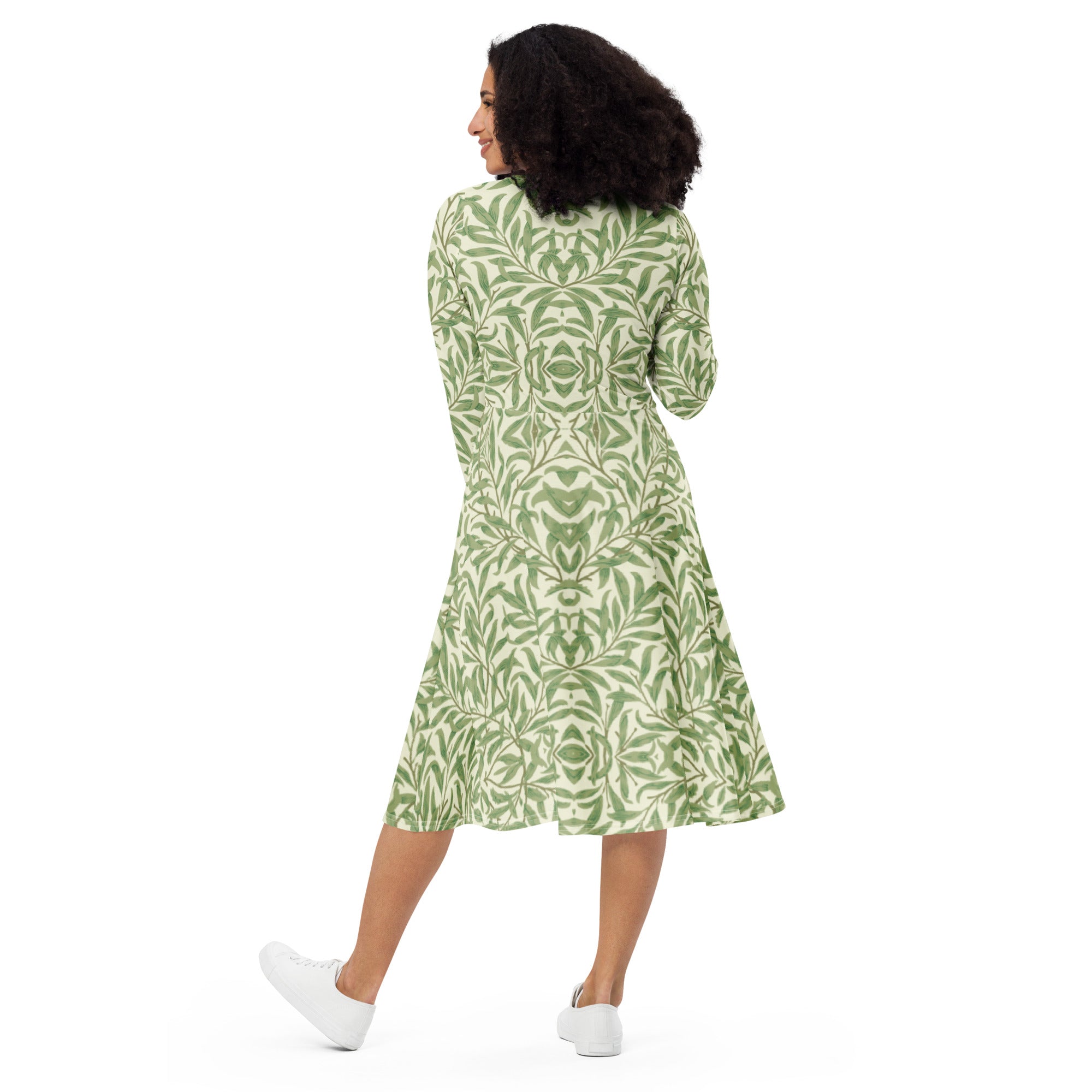 Soft Green Leaves Garland, narrow fitted long sleeve midi dress, by Sensus Studio Design