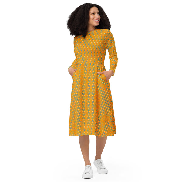 Yellow Tullips fine patterned  stylish long sleeve midi dress, by Sensus Studio Design