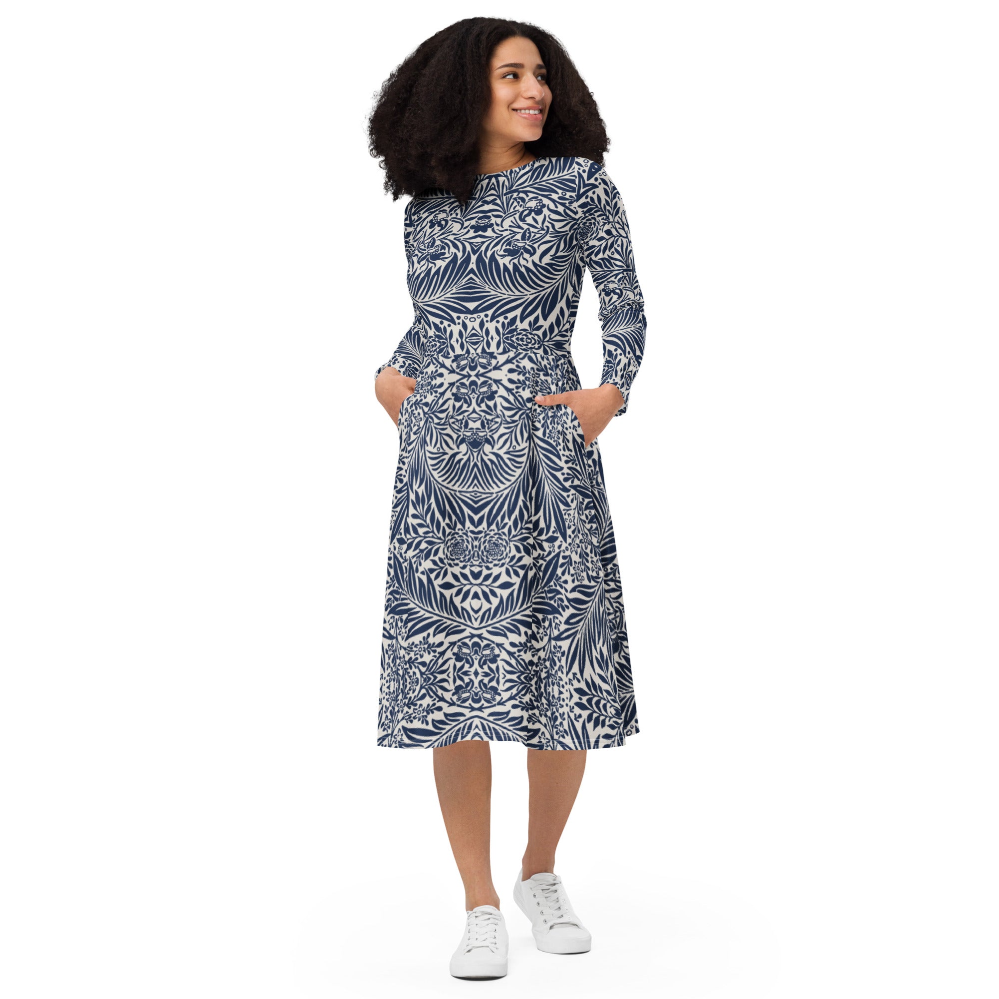 Blue and White Floral composition, Exclusive designed long sleeve midi dress, by Sensus Studio Design