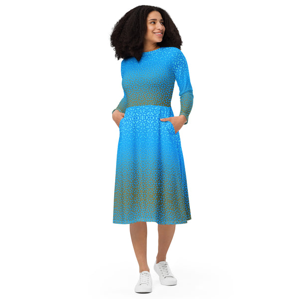 Scottish Sky and mountain colors patterned  long sleeve midi dress, by Sensus Studio Design