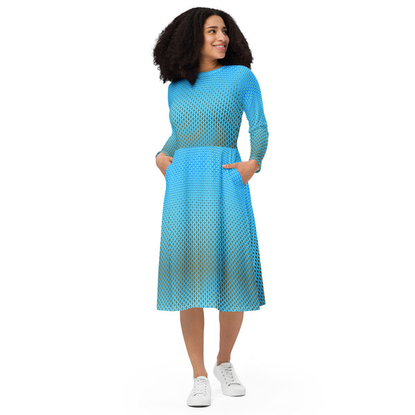 Blue Sky and Field green patterned  long sleeve midi dress, by Sensus Studio Design