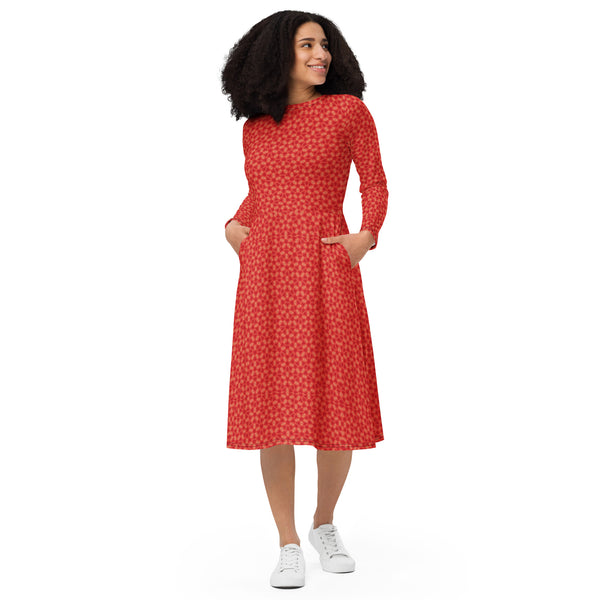 Happy Red Buttercup  designed pattern long sleeve midi dress, by Sensus Studio Design