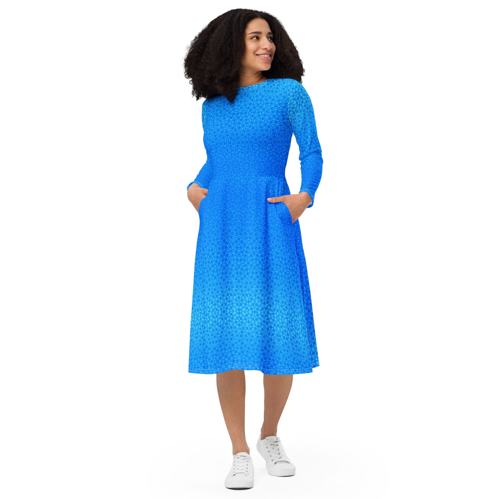 Heavenly Blue Rosy patterned narrow fitted long sleeve midi dress, by Sensus Studio Design