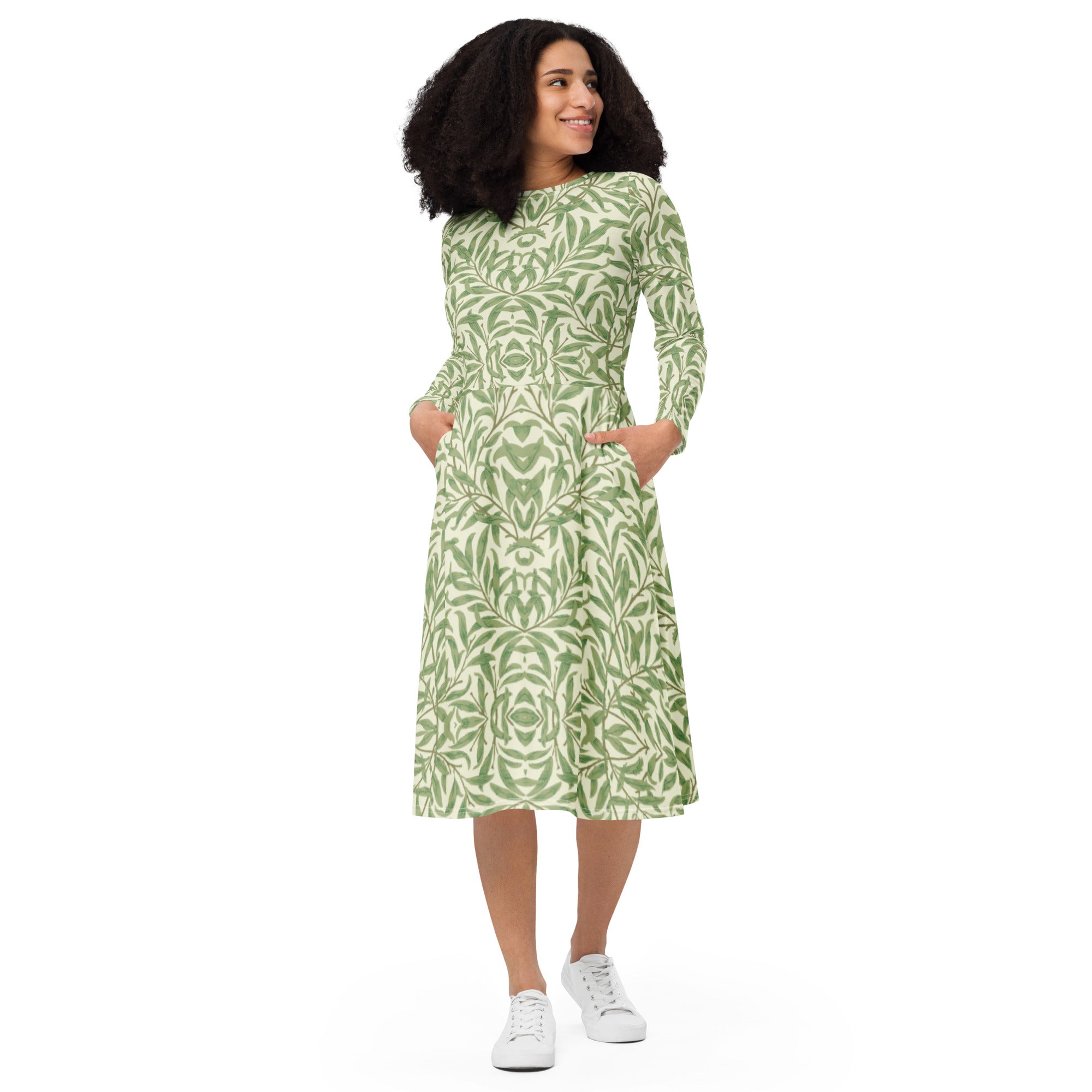 Soft Green Leaves Garland, narrow fitted long sleeve midi dress, by Sensus Studio Design