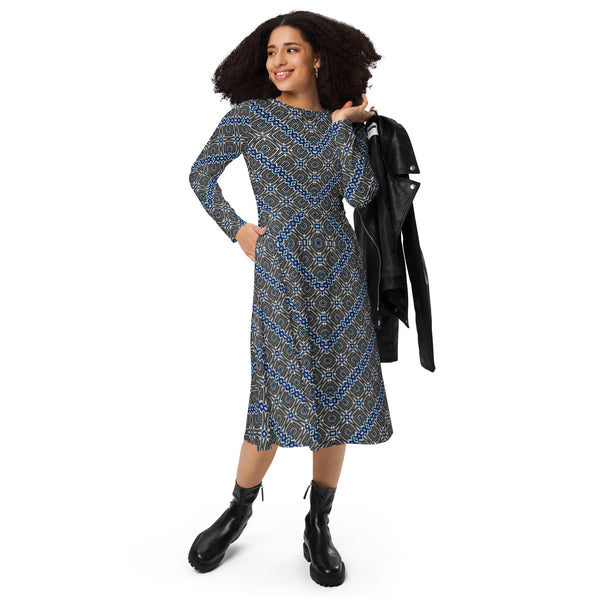 Black and Blue diagonal patterned narrow fitted long sleeve midi dress, by Sensus Studio Design