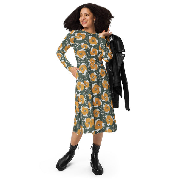 Navy Green and yellow floral design narrow fitted  long sleeve midi dress, by Sensus Studio Design