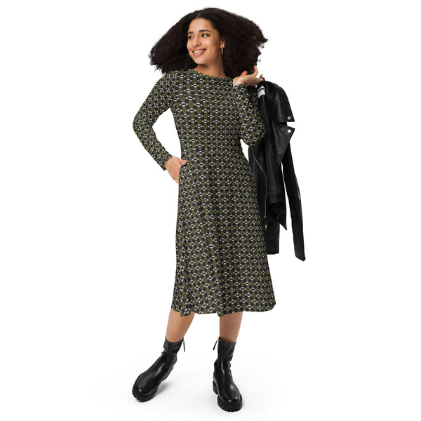 Trendy autumn 2022 Green patterned long sleeve midi narrow fitted dress, by Sensus Studio Design