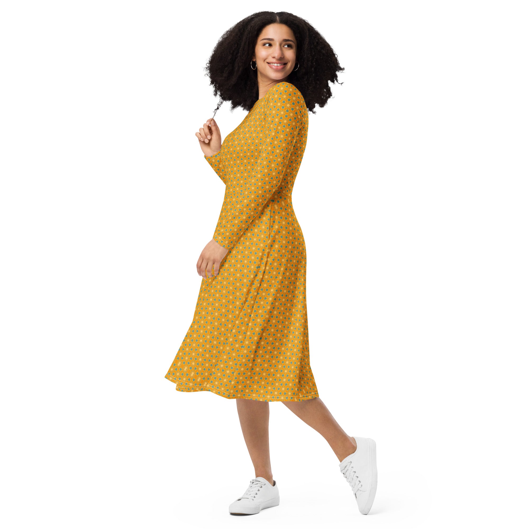 Yellow Tullips fine patterned  stylish long sleeve midi dress, by Sensus Studio Design