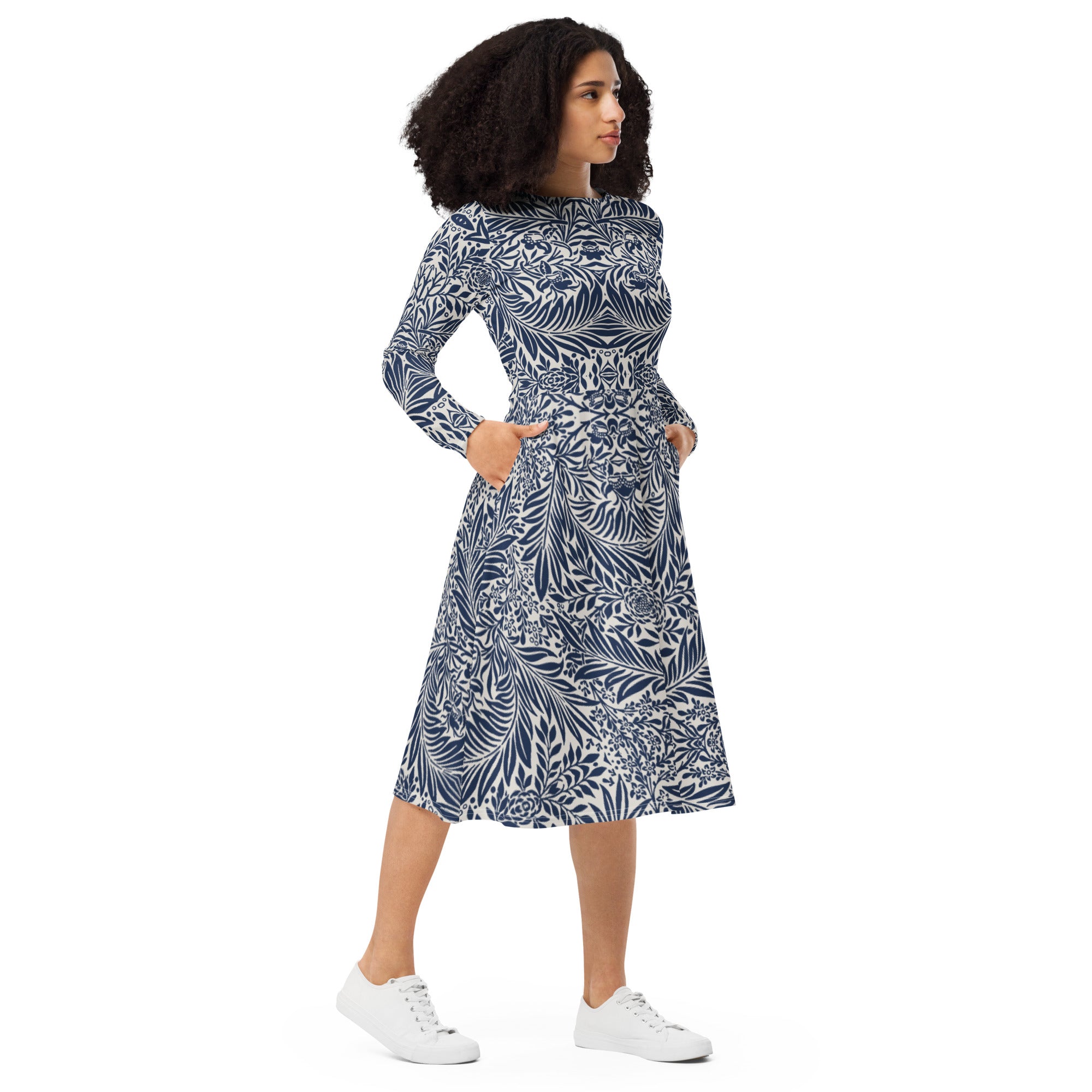 Blue and White Floral composition, Exclusive designed long sleeve midi dress, by Sensus Studio Design
