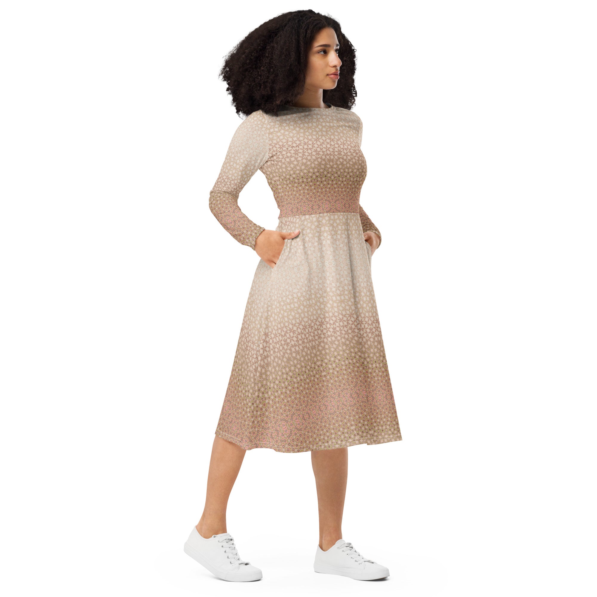 Delicate Pale Pink & Beige Rosy Patterned Stylish long sleeve midi dress, by Sensus Studio Design