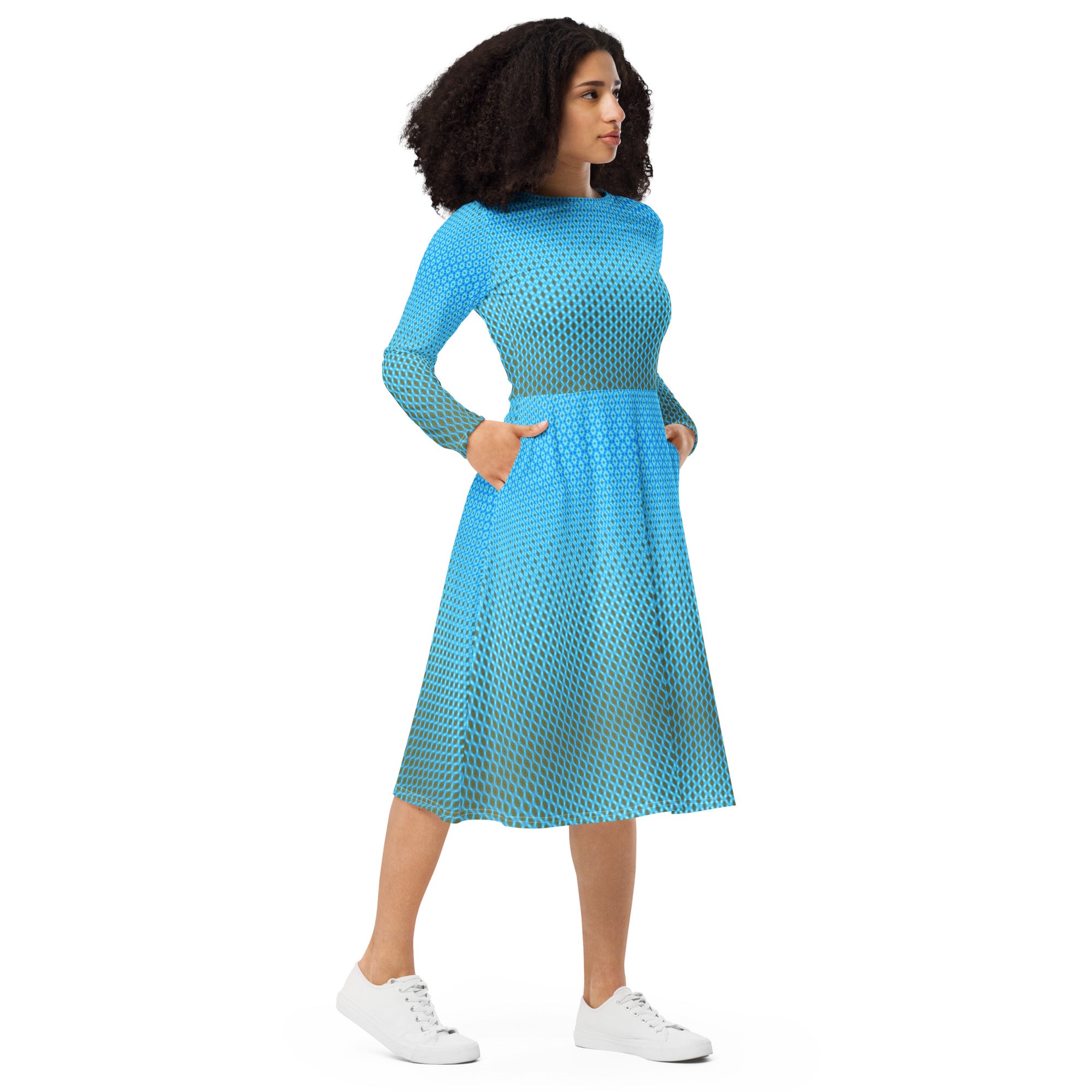 Blue Sky and Field green patterned  long sleeve midi dress, by Sensus Studio Design