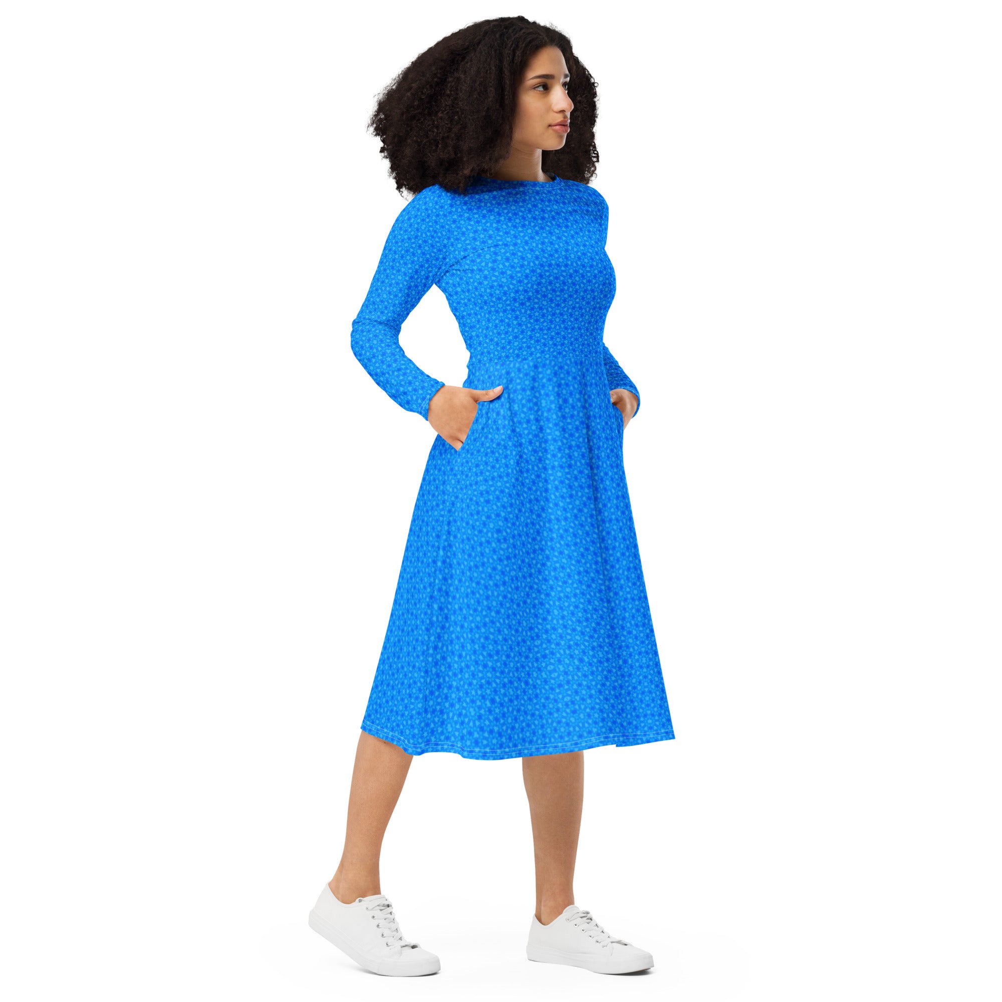 Deep blue sky Rosy patterned narrow fitted long sleeve midi dress, by Sensus Studio Desin