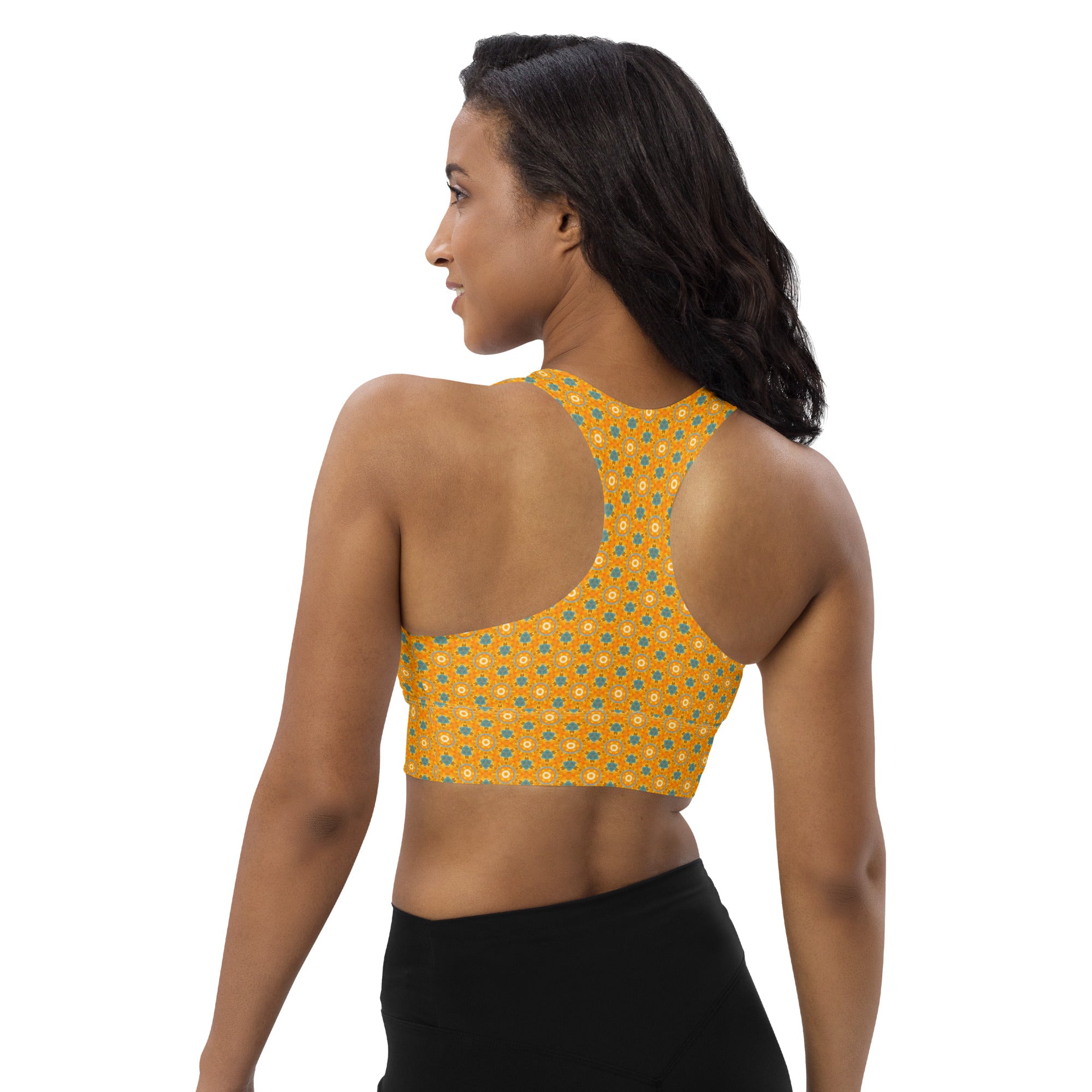Yellow Tullips fine patterned Longline sports bra, by Sensus Studio Design