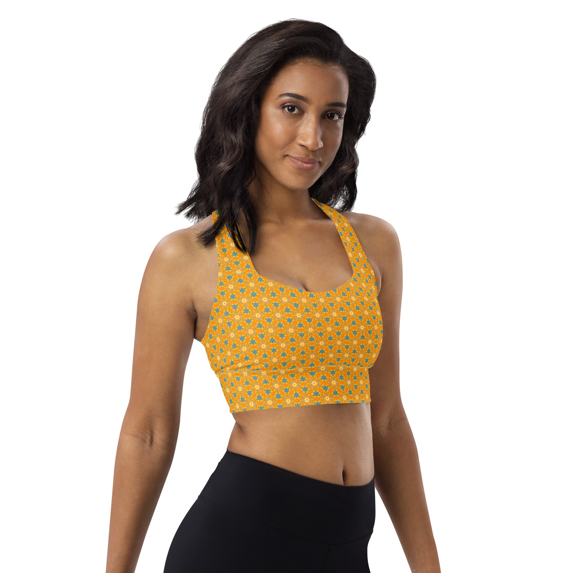 Yellow Tullips fine patterned Longline sports bra, by Sensus Studio Design