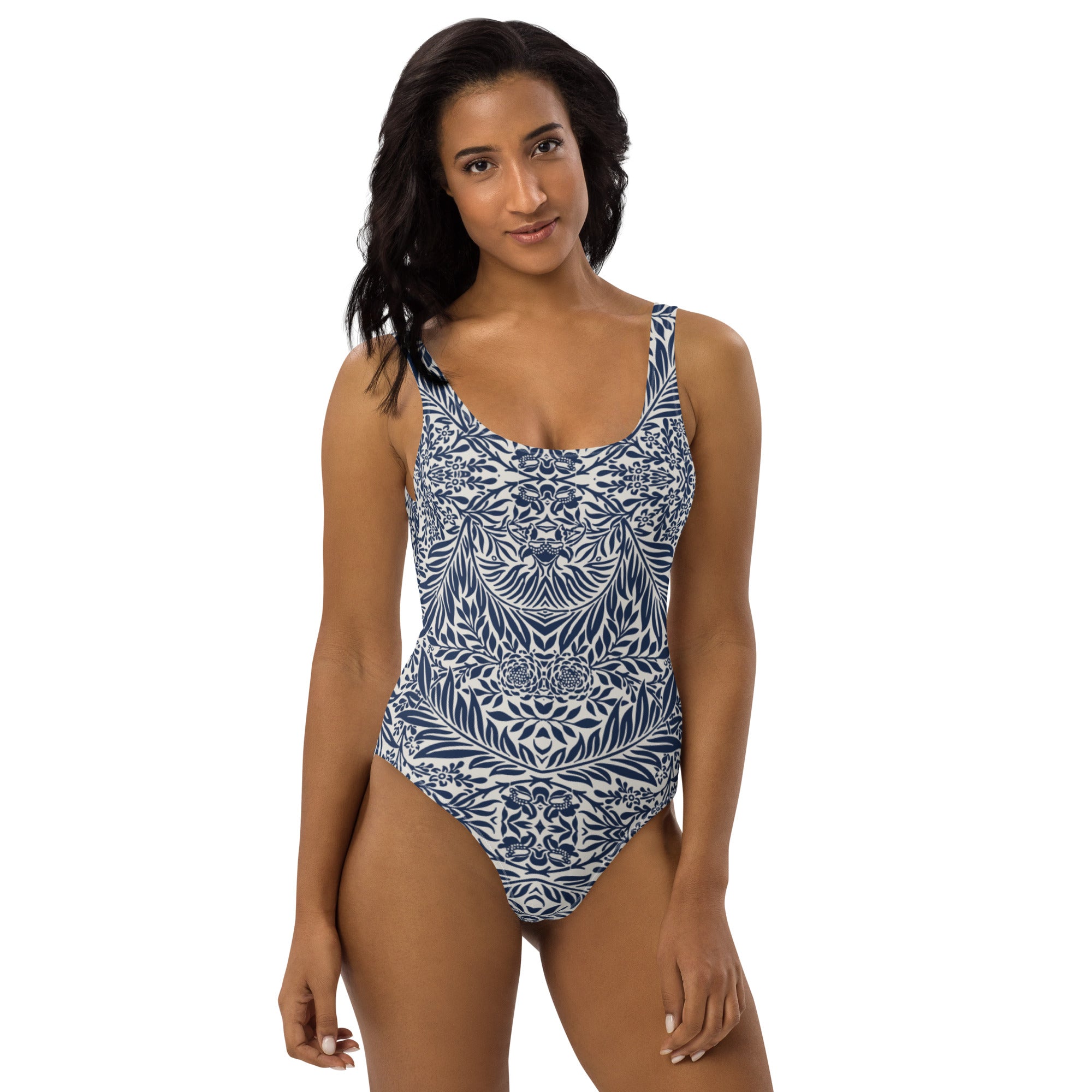Blue and White Floral composition Stylish One-Piece Swimsuit, by Sensus Studio Design