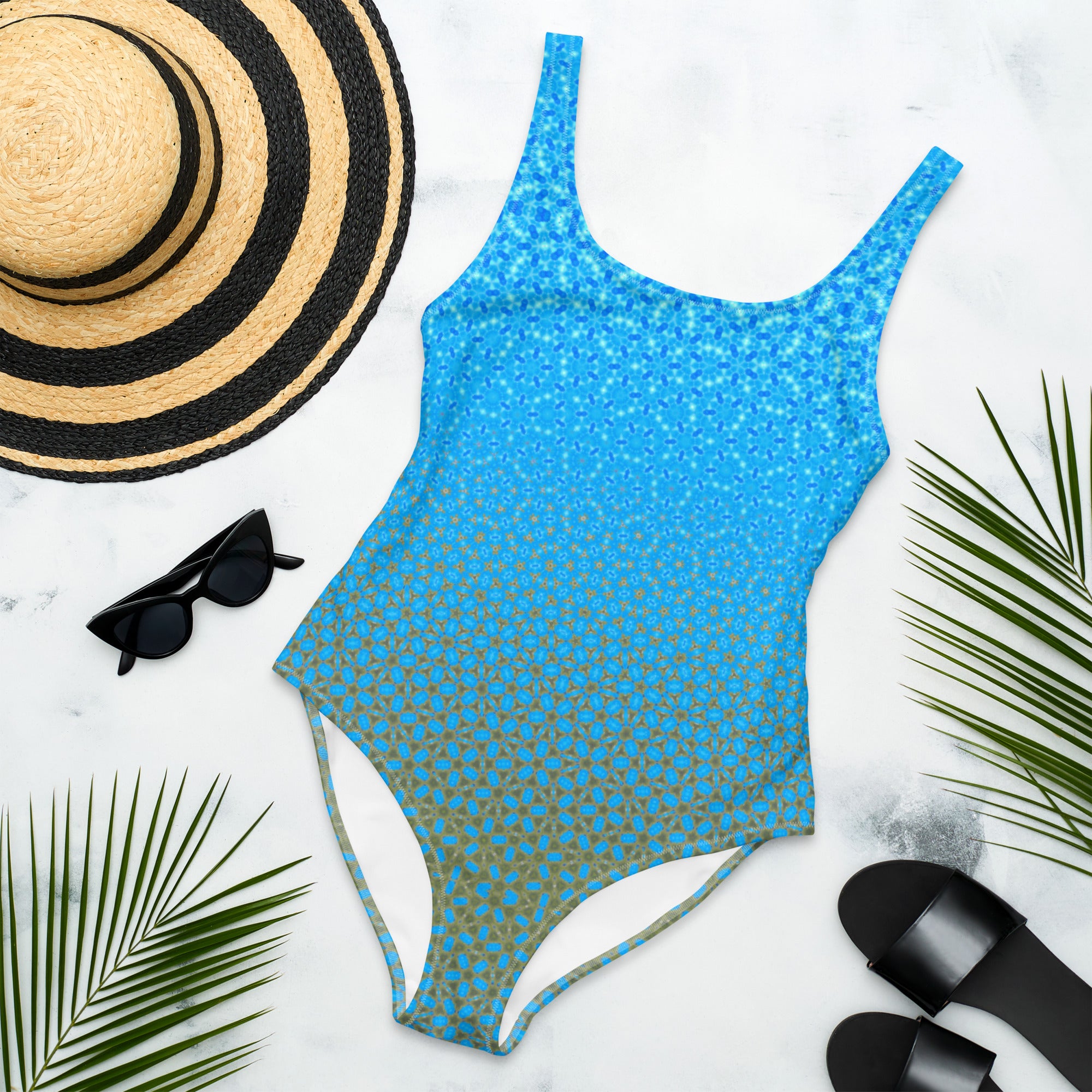 Blue Sky and Green field mixed pattern designed One-Piece Swimsuit, by Sensus Studio Design