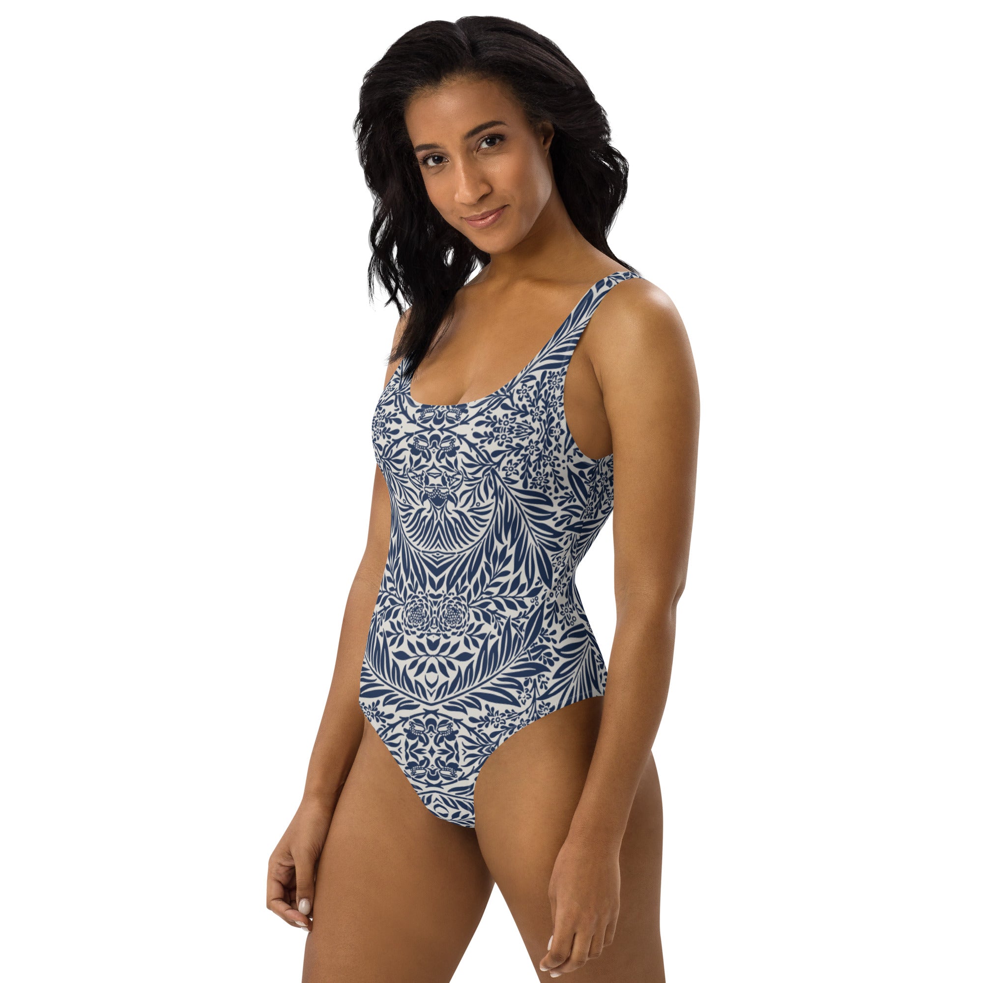 Blue and White Floral composition Stylish One-Piece Swimsuit, by Sensus Studio Design