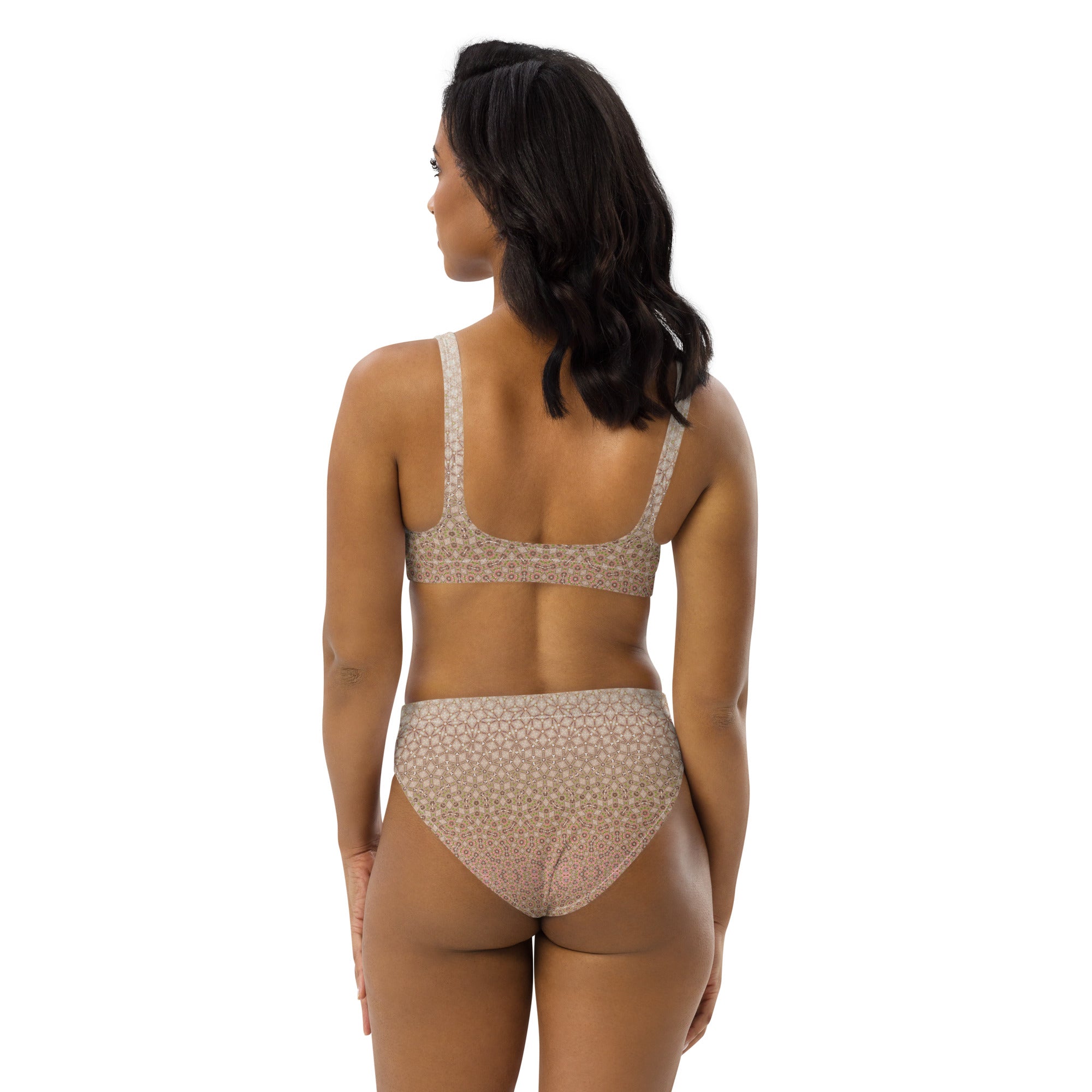 Delicate Pale Pink & Beige Rosy patterned Recycled high-waisted bikini, by Sensus Studio Design