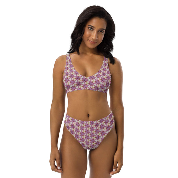 Pink Roses patterned Recycled high-waisted bikini, by Sensus Studio Design