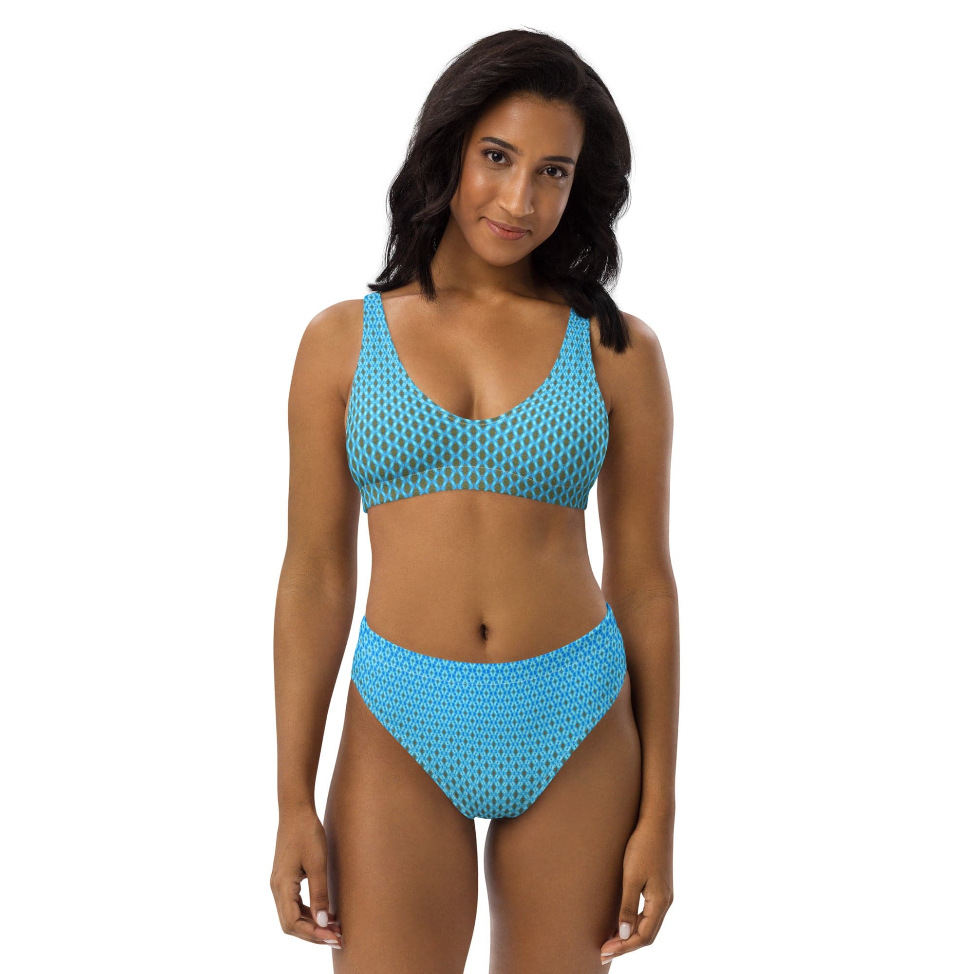 Atlantic Blue fine patterned Recycled high-waisted bikini, by Sensus Studio Design