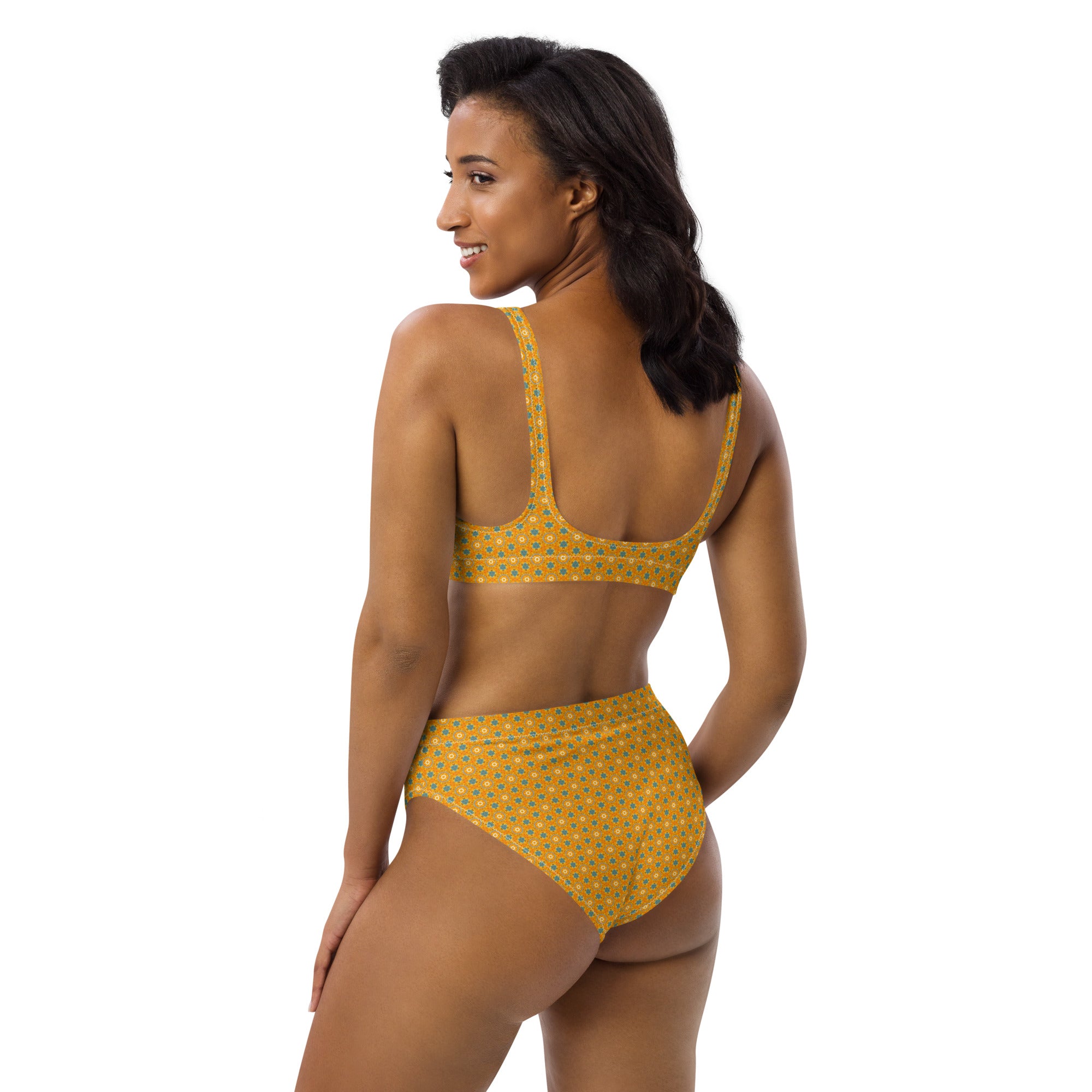 Yellow Tullips fine patterned Recycled high-waisted bikini, by Sensus Studio Design