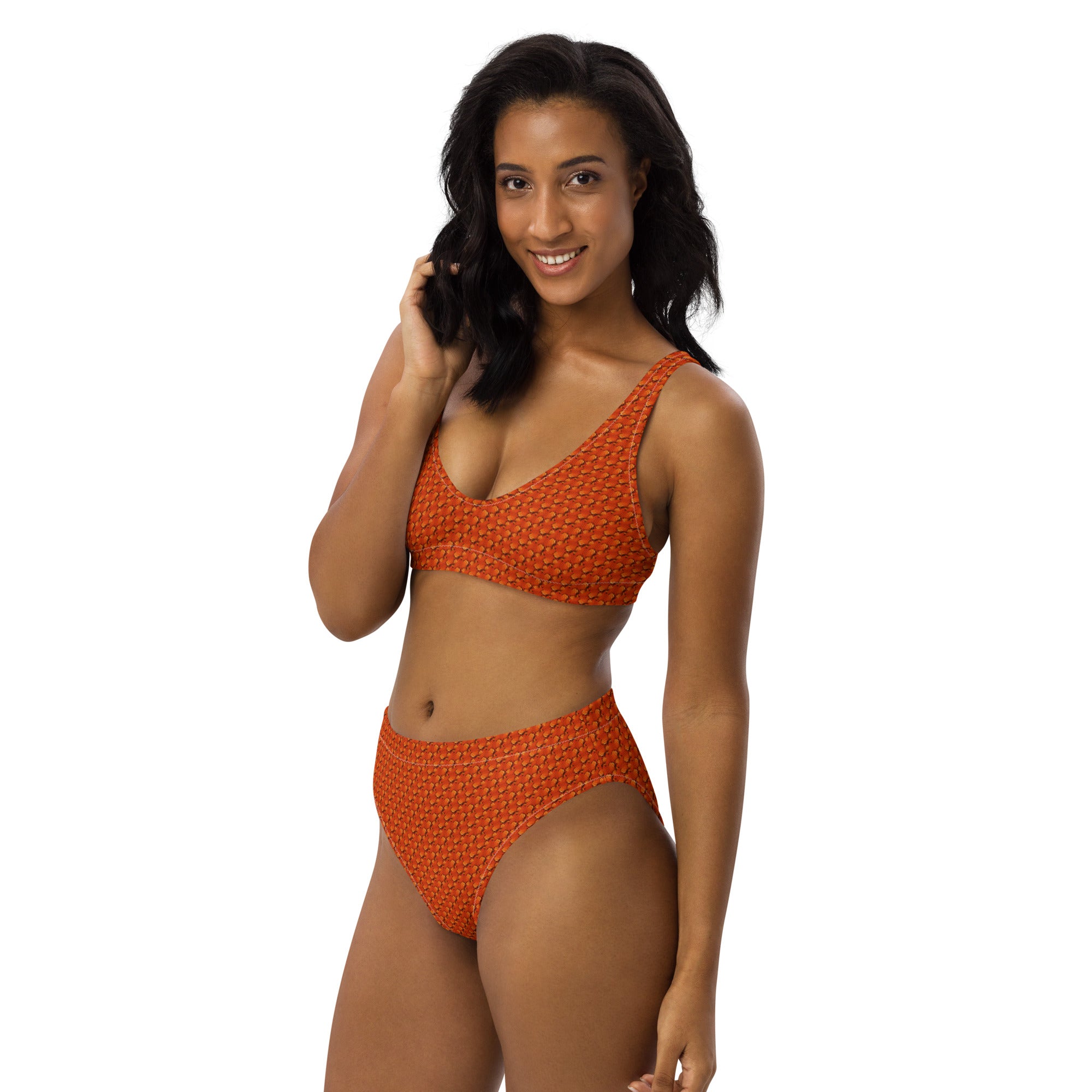 Orange Snake  Skin, fine patterned Recycled high-waisted bikini, by Sensus Studio Design