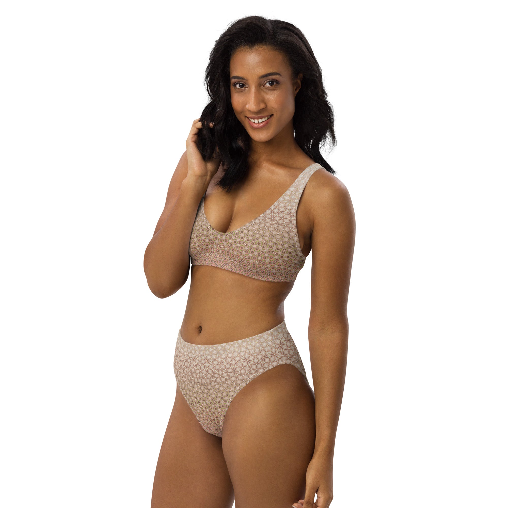 Delicate Pale Pink & Beige Rosy patterned Recycled high-waisted bikini, by Sensus Studio Design