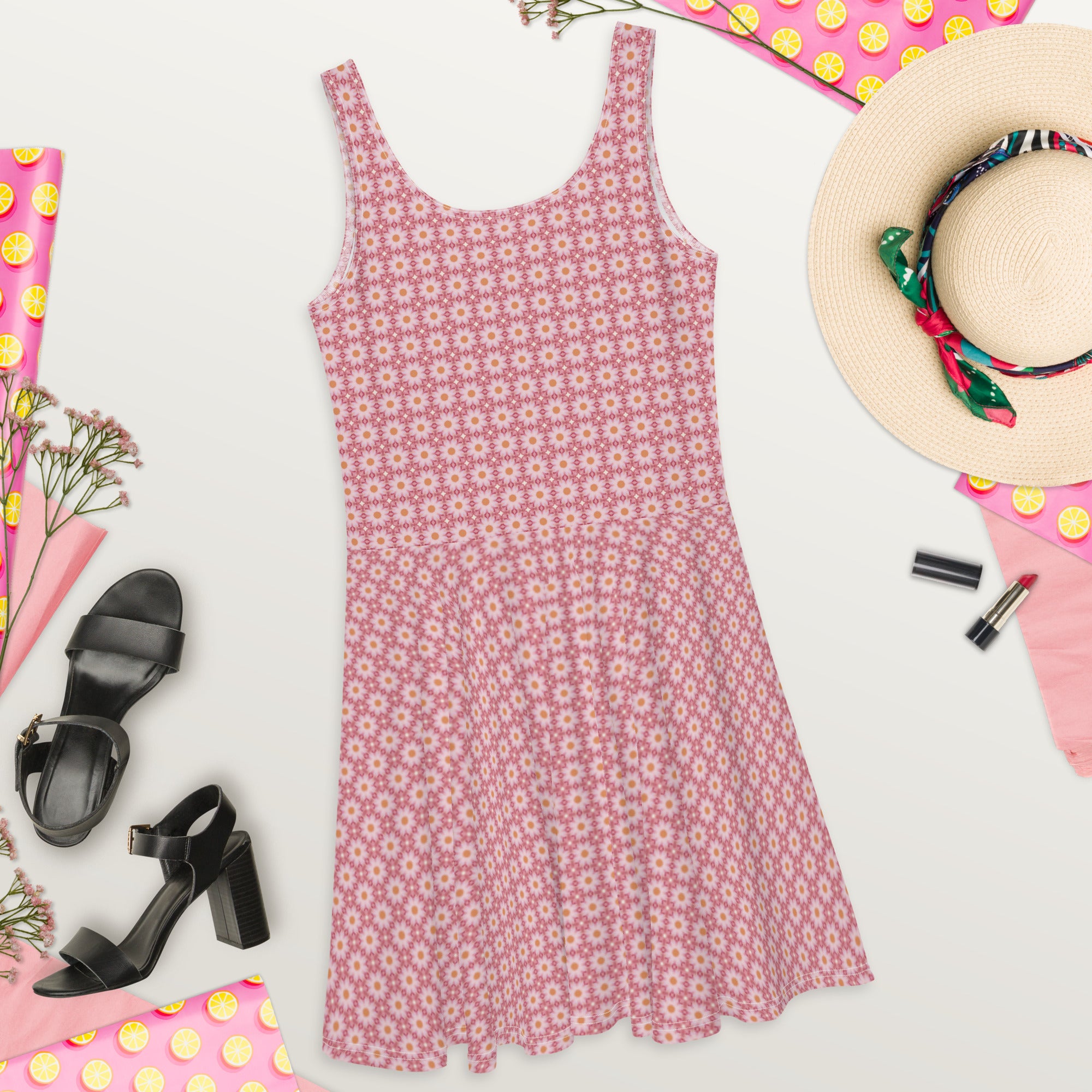 Pink Roses patterned, Skater Dress, by Sensus Studio Design