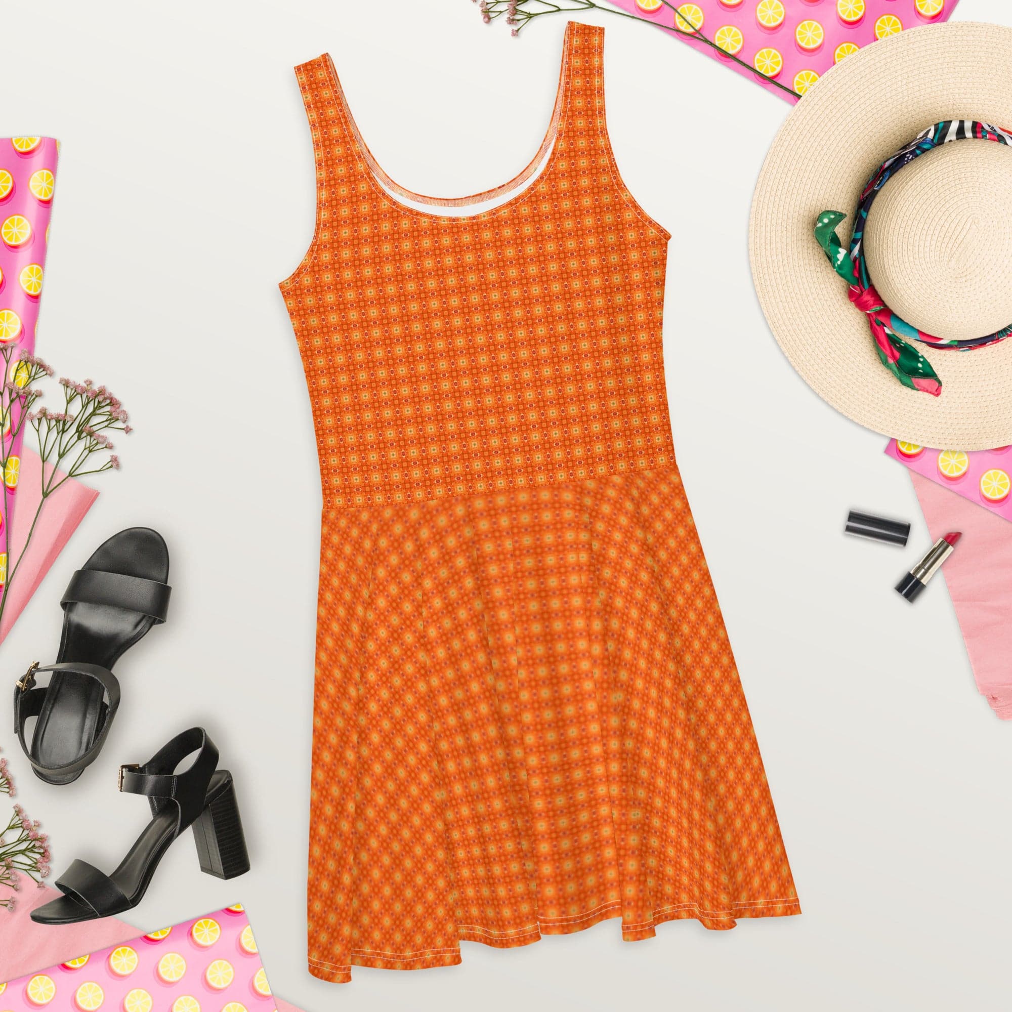 Soft orange and Yellow patterned Skater Dress, by Sensus Studio