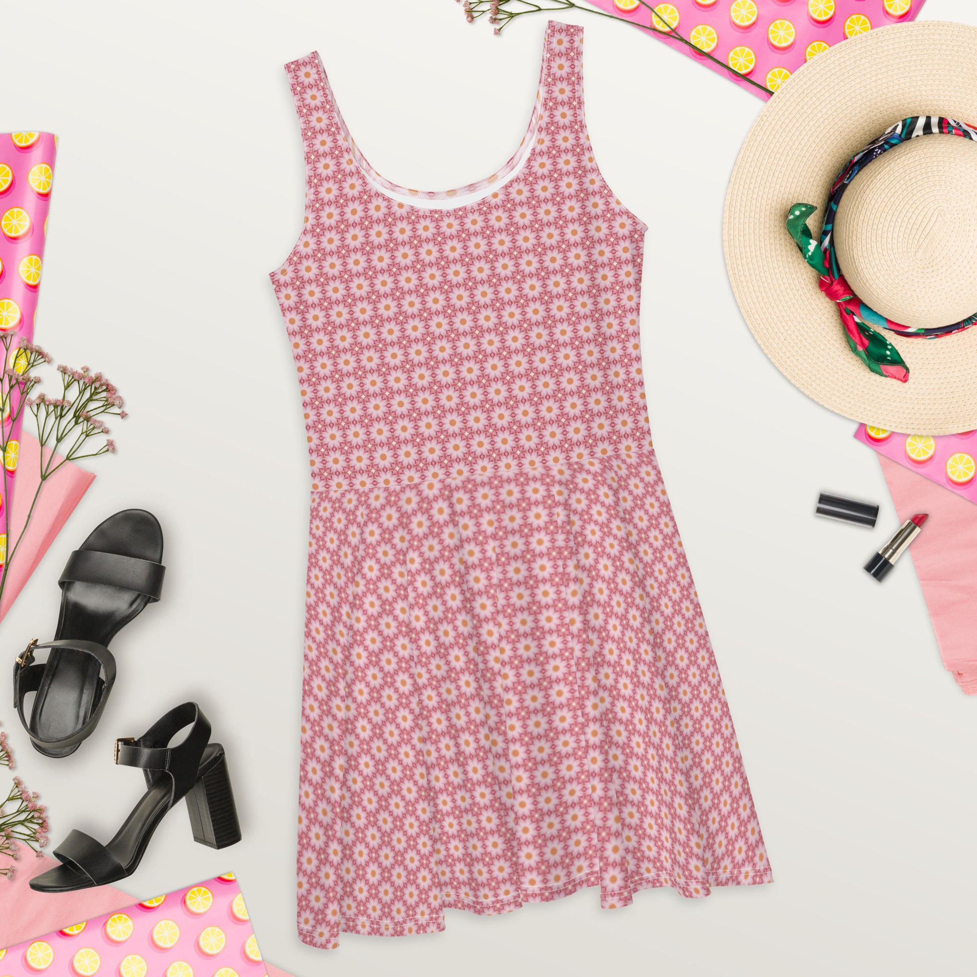 Pink Roses patterned, Skater Dress, by Sensus Studio Design