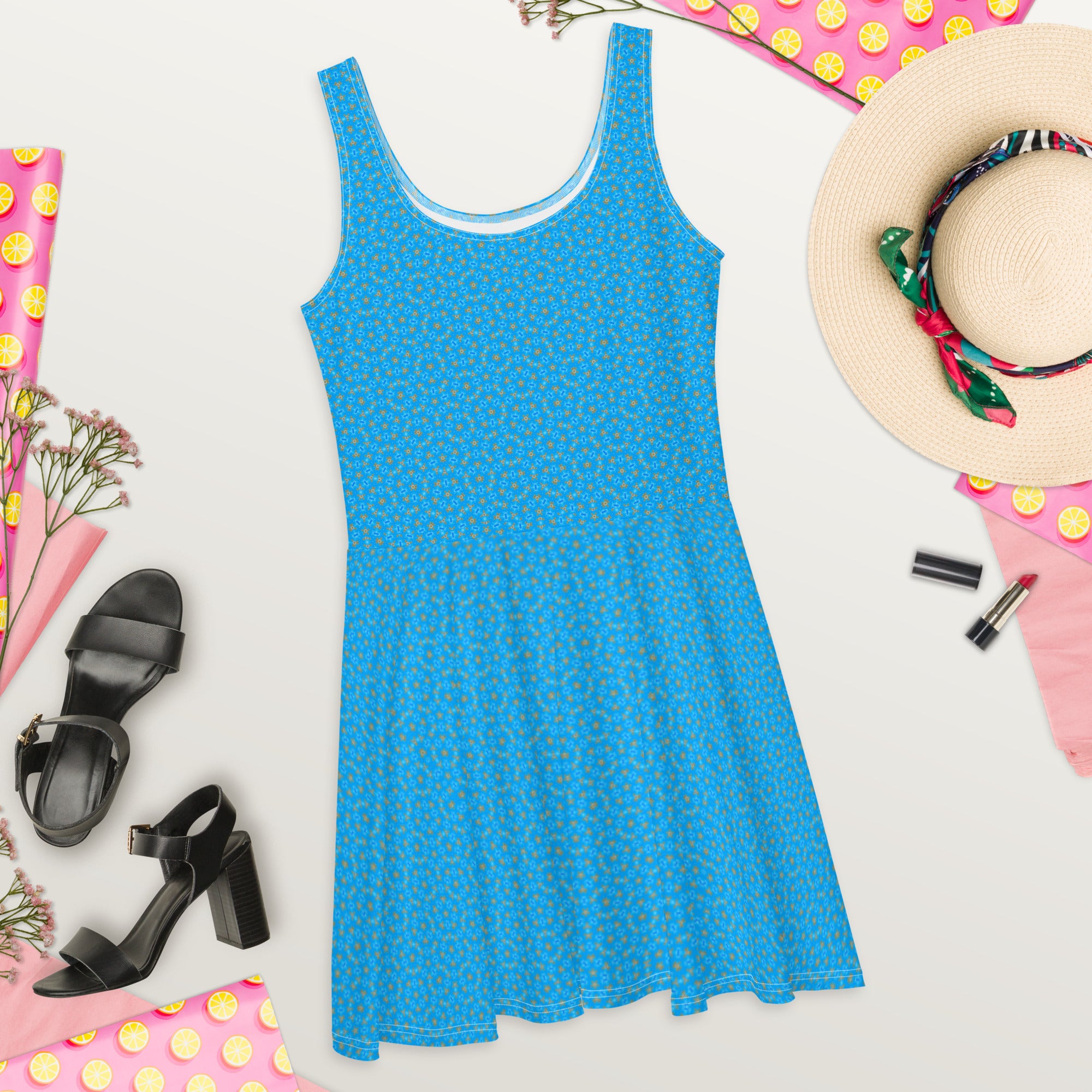 Atlantic Summer Blue rosy patterned Skater Dress, by Sensus Studio Design
