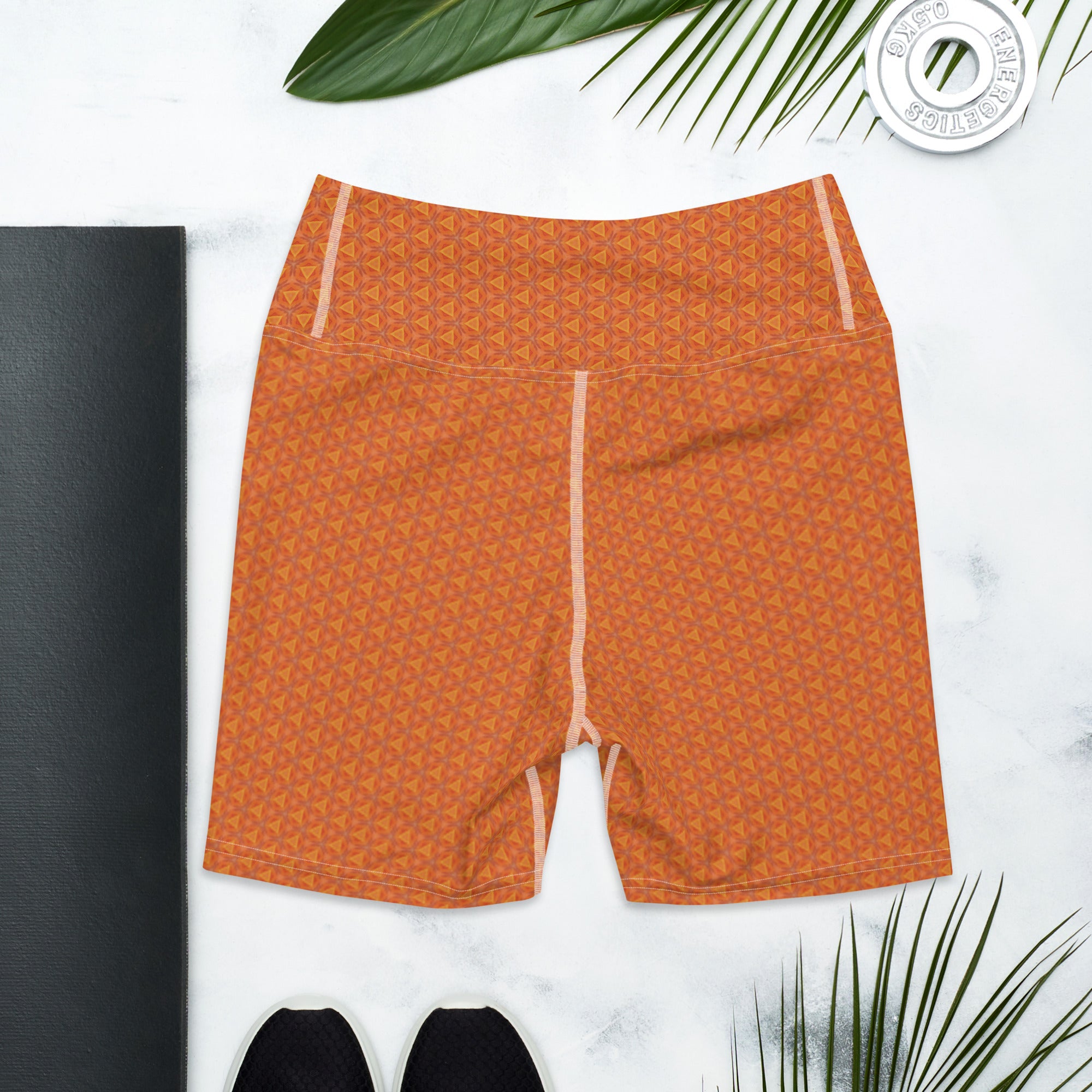 Soft orange tulip triangled pattern, Yoga Shorts, by Sensus Studio Design