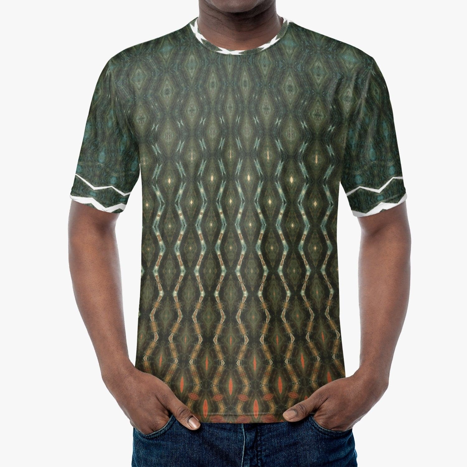 Green Patterned Handmade T-shirt with Orange and White Elements